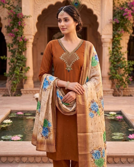 Mul Chanderi Hand Work Kurti with Roman Silk Bottom and Lichi Silk Jacquard Dupatta