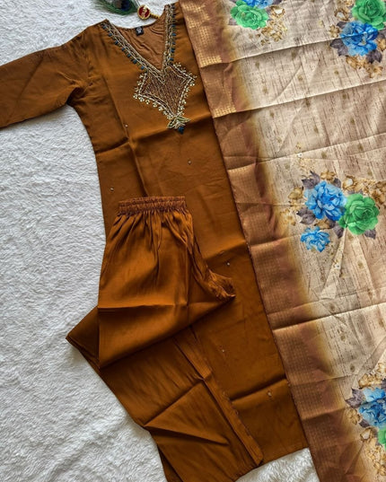 Mul Chanderi Hand Work Kurti with Roman Silk Bottom and Lichi Silk Jacquard Dupatta