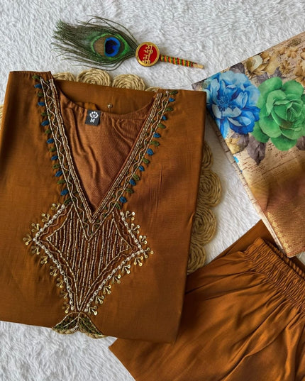 Mul Chanderi Hand Work Kurti with Roman Silk Bottom and Lichi Silk Jacquard Dupatta