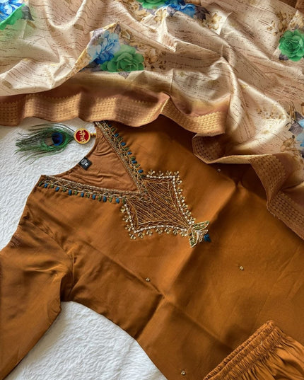 Mul Chanderi Hand Work Kurti with Roman Silk Bottom and Lichi Silk Jacquard Dupatta
