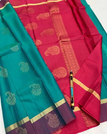 Kanchipuram Pure Silk Saree – Teal | Handwoven Mulberry Silk | Rosepetals Luxe