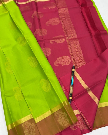 Kanchipuram Pure Silk Saree – Parrot Green | Silk Mark Certified | Rosepetals Luxe