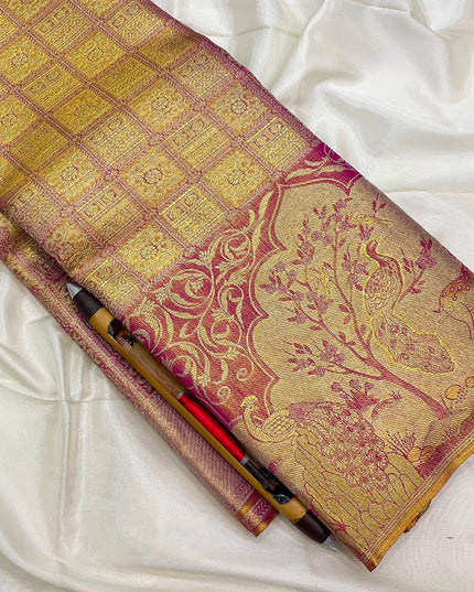 Kanchipuram Handloom Silk Saree – Gold Pink | Tissue Weave | Rosepetals Luxe