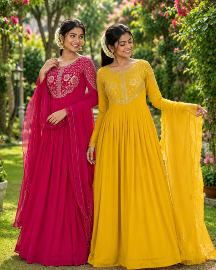 Women's Soft Georgette Sequins Embroidered Gown with Matching Voni Designer Ethnic Party Wear Ready to Wear Anarkali Dress