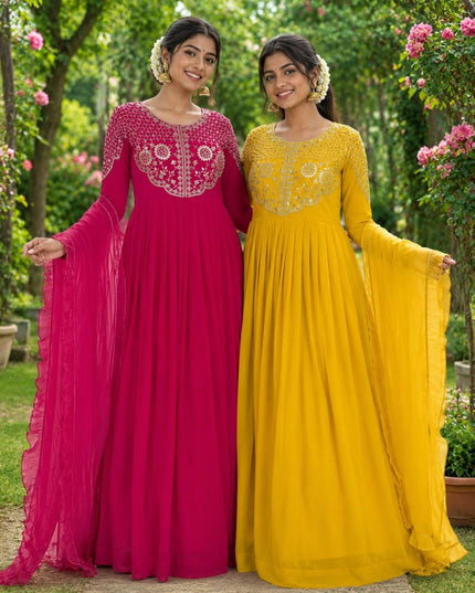 Women's Soft Georgette Sequins Embroidered Gown with Matching Voni Designer Ethnic Party Wear Ready to Wear Anarkali Dress