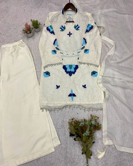 Embroidered Cut Work Top, Plazzo with Dupatta Set