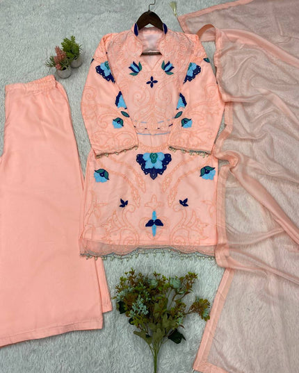 Embroidered Cut Work Top, Plazzo with Dupatta Set