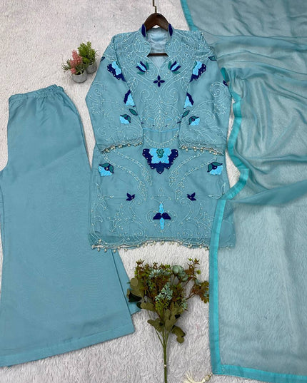 Embroidered Cut Work Top, Plazzo with Dupatta Set