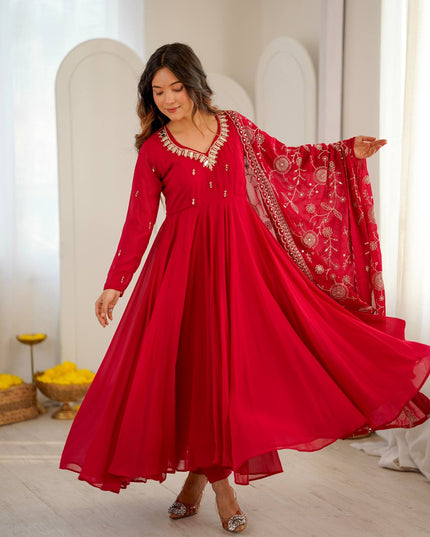 Premium Faux Georgette Embroidered Gown Set with Real Mirror Khatli Work, Umbrella Flair, Bottom & Embroidered Dupatta Ready to Wear Ethnic Party Wear for Women