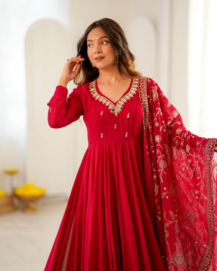 Premium Faux Georgette Embroidered Gown Set with Real Mirror Khatli Work, Umbrella Flair, Bottom & Embroidered Dupatta Ready to Wear Ethnic Party Wear for Women