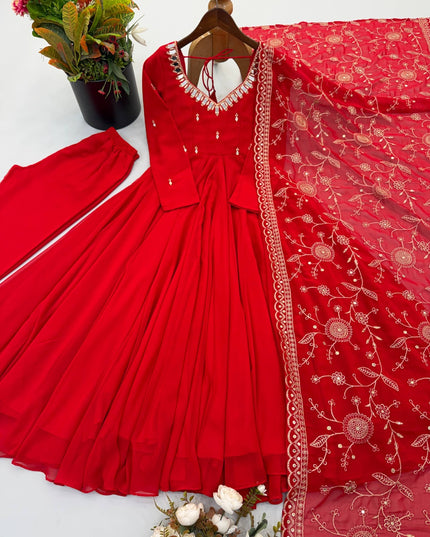 Premium Faux Georgette Embroidered Gown Set with Real Mirror Khatli Work, Umbrella Flair, Bottom & Embroidered Dupatta Ready to Wear Ethnic Party Wear for Women