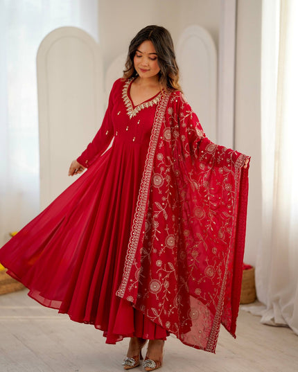 Premium Faux Georgette Embroidered Gown Set with Real Mirror Khatli Work, Umbrella Flair, Bottom & Embroidered Dupatta Ready to Wear Ethnic Party Wear for Women