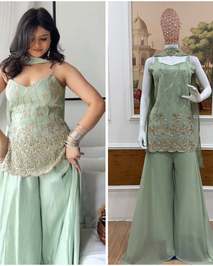 Premium Faux Georgette Embroidered Kurta Palazzo Set with Embroidered Dupatta, Designer 3 Piece Ethnic Suit for Women Ready to Wear Festive & Party Wear