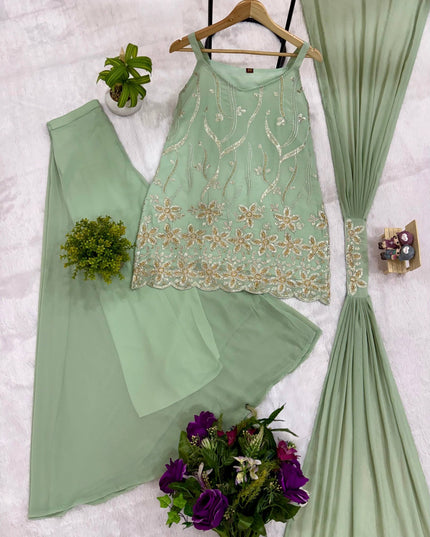 Premium Faux Georgette Embroidered Kurta Palazzo Set with Embroidered Dupatta, Designer 3 Piece Ethnic Suit for Women Ready to Wear Festive & Party Wear