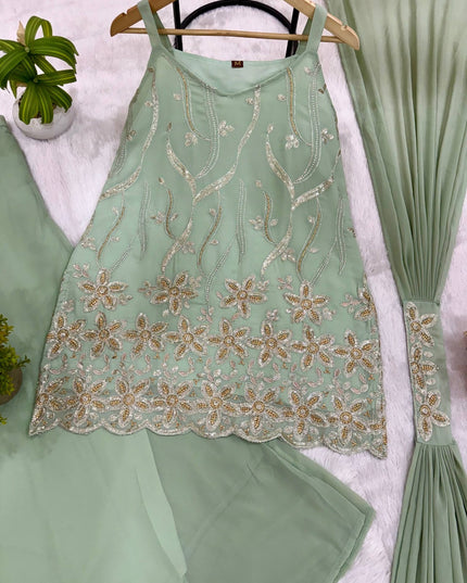 Premium Faux Georgette Embroidered Kurta Palazzo Set with Embroidered Dupatta, Designer 3 Piece Ethnic Suit for Women Ready to Wear Festive & Party Wear