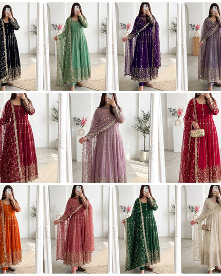 Premium Fandy Silk Embroidered Gown Set with Sequins Work, Matching Pant & Dupatta Ready to Wear Designer Party Wear Ethnic Outfit for Women