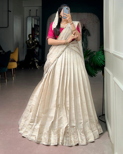 Onam Traditional Poly Kanjivaram Half Saree for Women Zari Weaving Lehenga with Pearl Work Blouse and Dupatta Kerala Festive Ethnic Wear