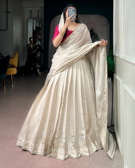 Onam Traditional Poly Kanjivaram Half Saree for Women Zari Weaving Lehenga with Pearl Work Blouse and Dupatta Kerala Festive Ethnic Wear