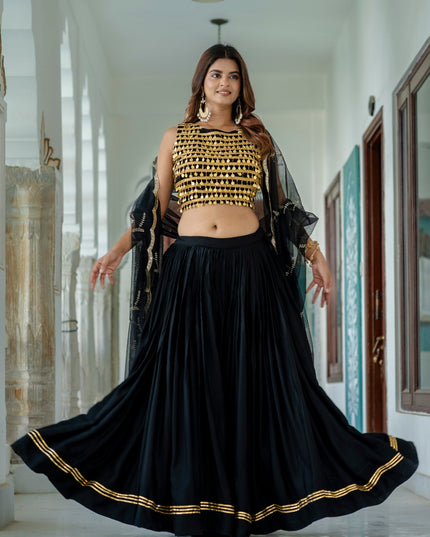 Navratri Pure Rayon Lehenga Choli Set with Net Embroidered Dupatta 6 Meter Flare Garba Dandiya Festive Wear for Women