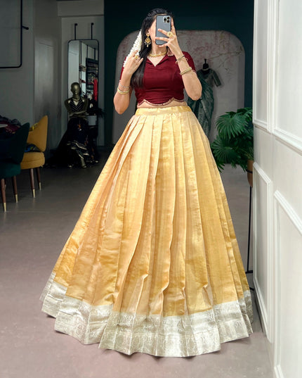 Premium Onam Kanchipuram Pavada Set for Women Traditional Zari Weaving Lehenga with Satin Silk Blouse Festive Kerala Ethnic Wear