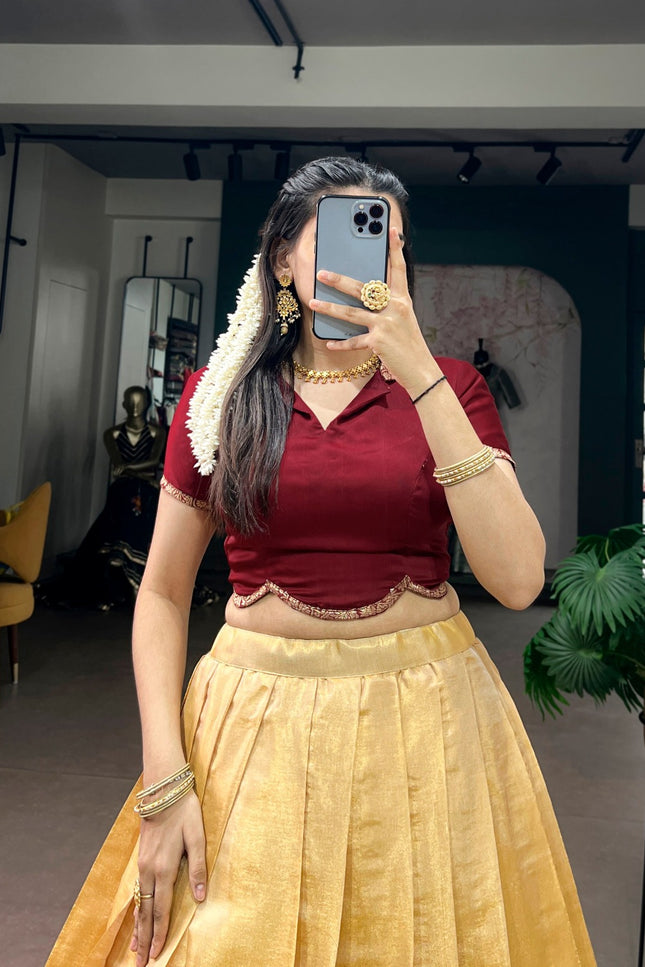 Premium Onam Kanchipuram Pavada Set for Women Traditional Zari Weaving Lehenga with Satin Silk Blouse Festive Kerala Ethnic Wear