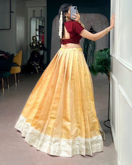 Premium Onam Kanchipuram Pavada Set for Women Traditional Zari Weaving Lehenga with Satin Silk Blouse Festive Kerala Ethnic Wear
