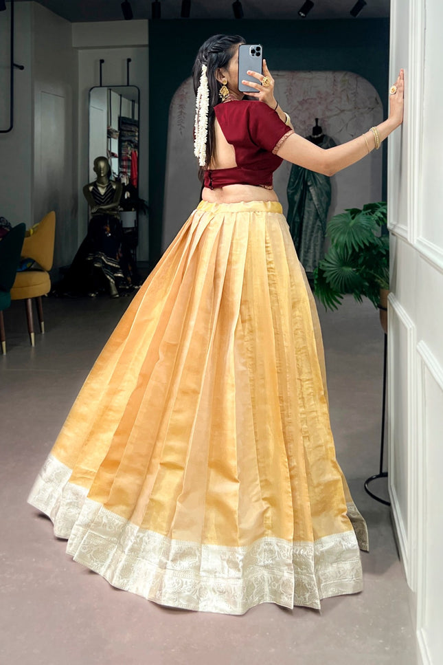 Premium Onam Kanchipuram Pavada Set for Women Traditional Zari Weaving Lehenga with Satin Silk Blouse Festive Kerala Ethnic Wear