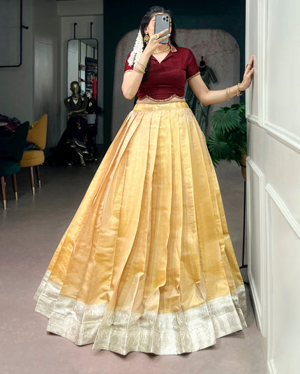 Premium Onam Kanchipuram Pavada Set for Women Traditional Zari Weaving Lehenga with Satin Silk Blouse Festive Kerala Ethnic Wear