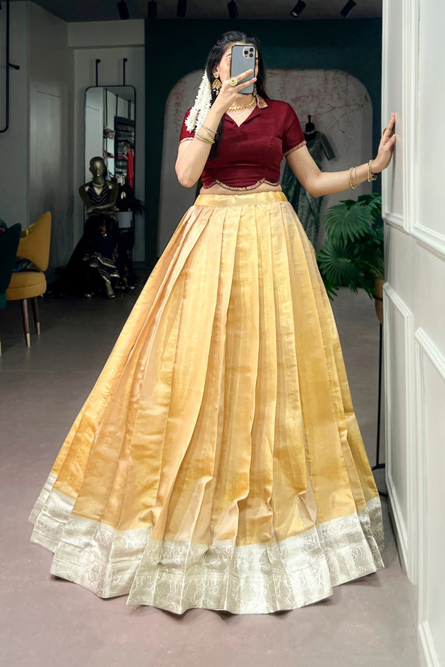 Premium Onam Kanchipuram Pavada Set for Women Traditional Zari Weaving Lehenga with Satin Silk Blouse Festive Kerala Ethnic Wear