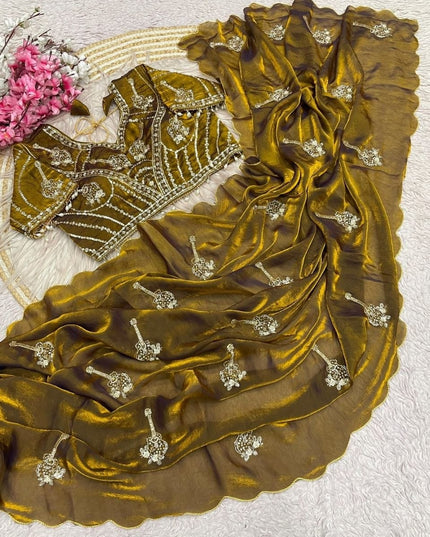 Bollywood Trending Fandy Satin Saree with Khatli Brits Work & Arco Border | Festive Party Wear for Women