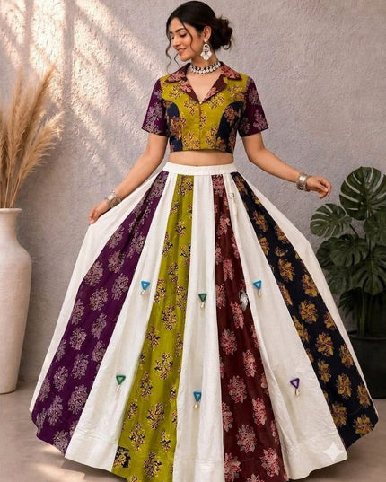 Premium Ajrakh Cotton Navratri Lehenga Choli Set with Mirror Work Real Shell Embellishments | 9 Meter Flair