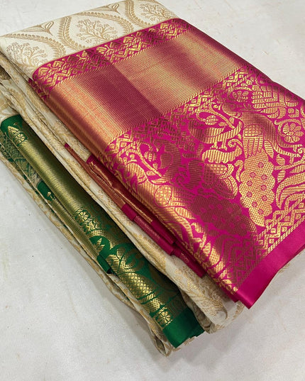 Kanchipuram Luxe Silk Saree | Elegant Zari Weave | Bridal & Festive Wear | Dark Green & Pink