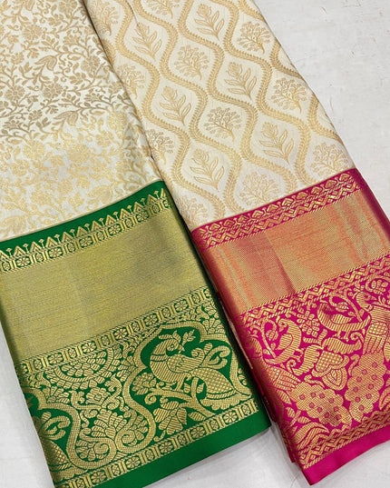 Kanchipuram Luxe Silk Saree | Elegant Zari Weave | Bridal & Festive Wear | Dark Green & Pink