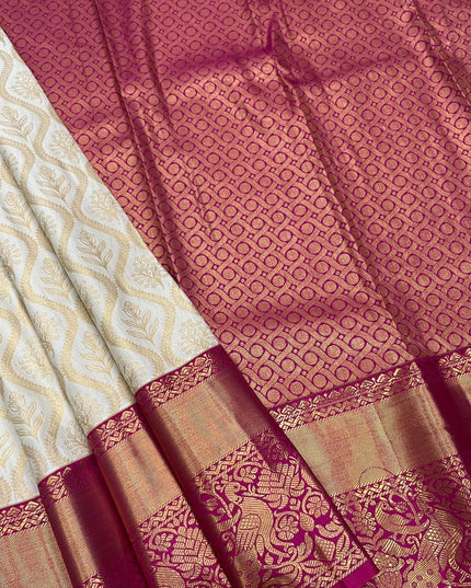 Kanchipuram Luxe Silk Saree | Elegant Zari Weave | Bridal & Festive Wear | Dark Green & Pink