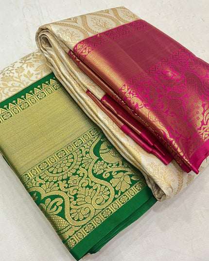 Kanchipuram Luxe Silk Saree | Elegant Zari Weave | Bridal & Festive Wear | Dark Green & Pink