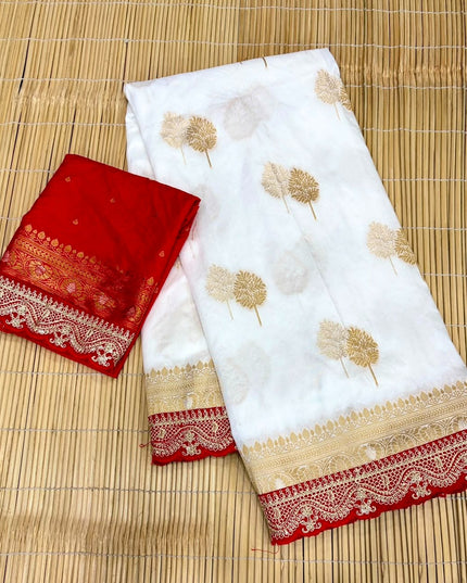 Bridal White Khaddi Georgette & Dolla Saree | Kanchi Scallop Border | Red Blouse - Rosepetals Luxe 