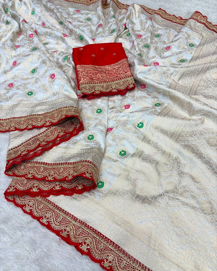 Bridal White Khaddi Georgette & Dolla Saree | Kanchi Scallop Border | Red Blouse - Rosepetals Luxe 