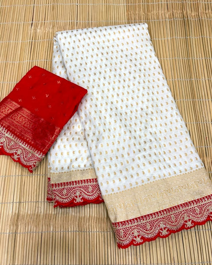 Bridal White Khaddi Georgette & Dolla Saree | Kanchi Scallop Border | Red Blouse - Rosepetals Luxe 