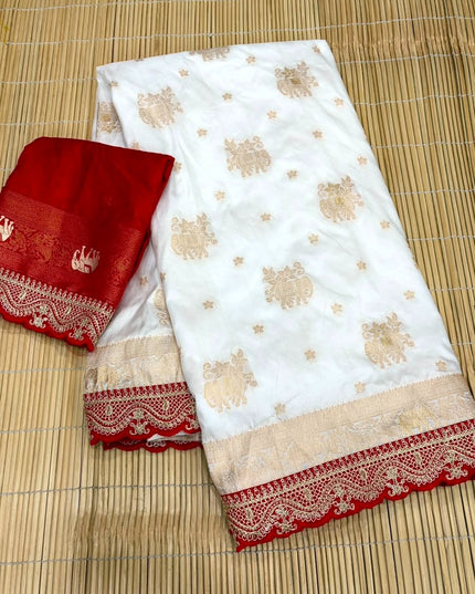 Bridal White Khaddi Georgette & Dolla Saree | Kanchi Scallop Border | Red Blouse - Rosepetals Luxe 