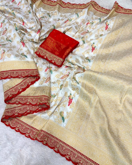 Bridal White Khaddi Georgette & Dolla Saree | Kanchi Scallop Border | Red Blouse - Rosepetals Luxe 