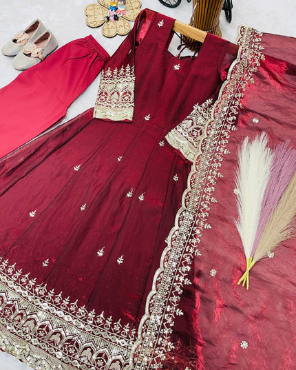 Girls Fendy Silk Embroidered Gown Set with Bottom and Dupatta | Festive Party Wear | Ethnic Dress for Kids