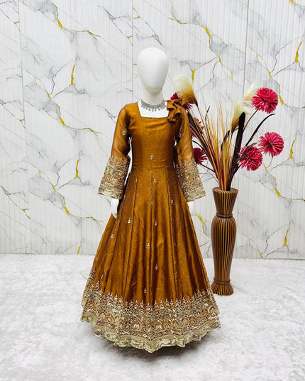 Girls Fendy Silk Embroidered Gown Set with Bottom and Dupatta | Festive Party Wear | Ethnic Dress for Kids