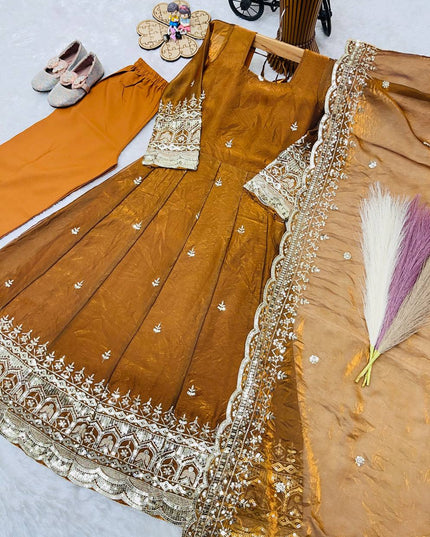 Girls Fendy Silk Embroidered Gown Set with Bottom and Dupatta | Festive Party Wear | Ethnic Dress for Kids