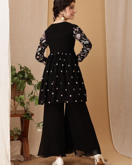 Girls Embroidered Fox Georgette Kurta Palazzo Set Festive Ethnic Party Wear with Long Sleeves