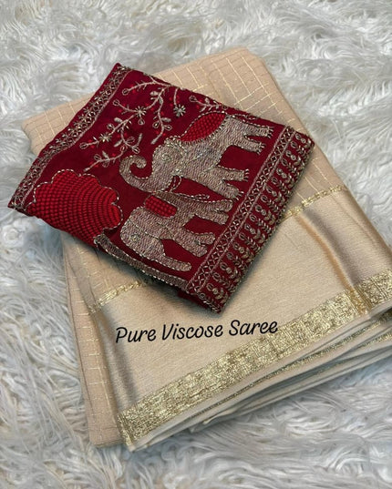 Pure Viscose Georgette Checks Saree | Satin Border | Elephant Bead Work Blouse - Rosepetals Luxe