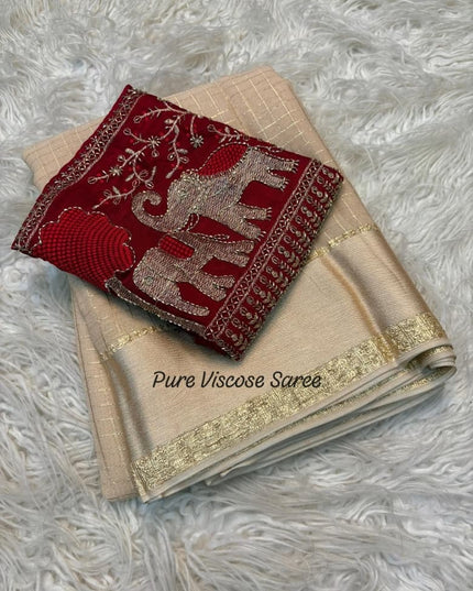 Pure Viscose Georgette Checks Saree | Satin Border | Elephant Bead Work Blouse - Rosepetals Luxe