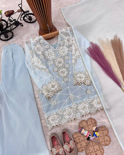 Girls Designer Sequin Embroidery Party Wear Top Palazzo and Dupatta Set