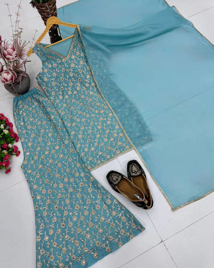 Designer Heavy Star Georgette 3 Piece Suit Set with Sequin Embroidery and Lace Dupatta