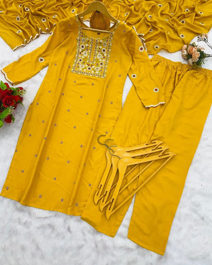 Women’s Heavy Rayon Embroidered Kurta Pant Set with Chiffon Embroidered Dupatta