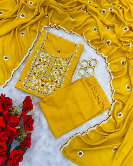 Women’s Heavy Rayon Embroidered Kurta Pant Set with Chiffon Embroidered Dupatta